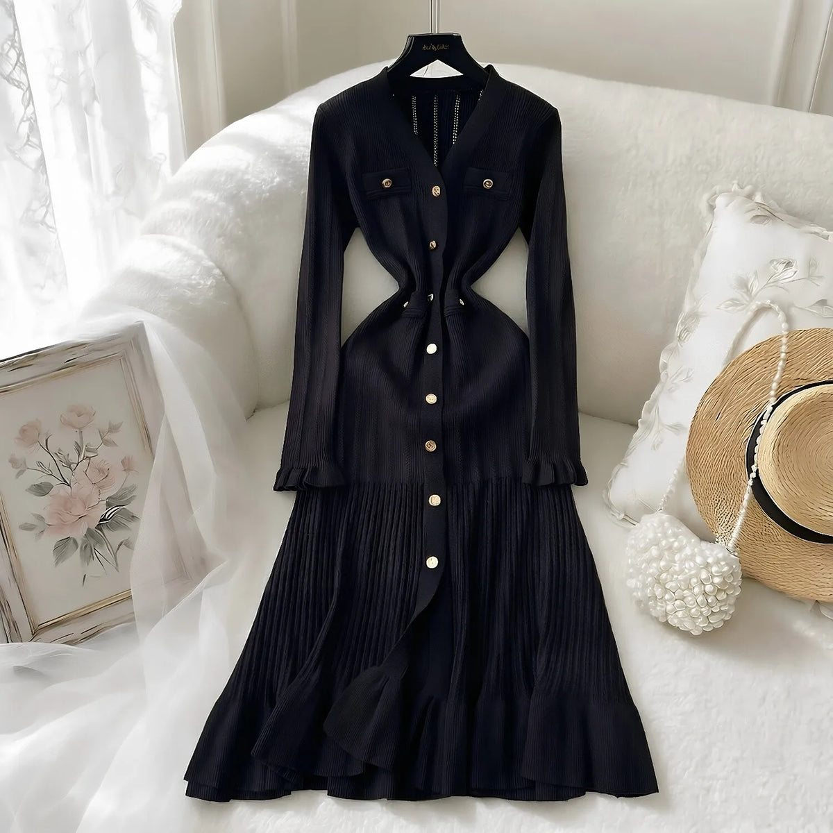 Robe Midi en Maille Boutons Dorés