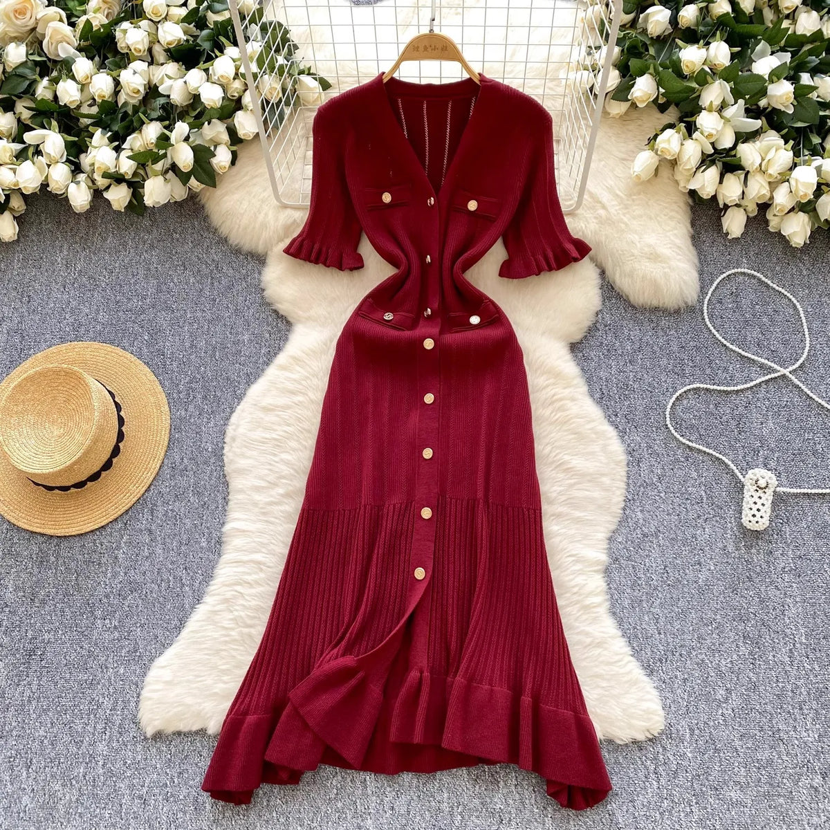 Robe Midi en Maille Boutons Dorés