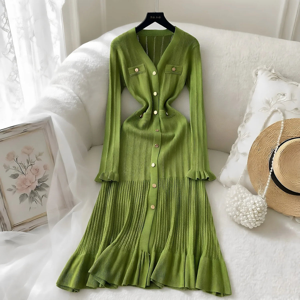 Robe Midi en Maille Boutons Dorés