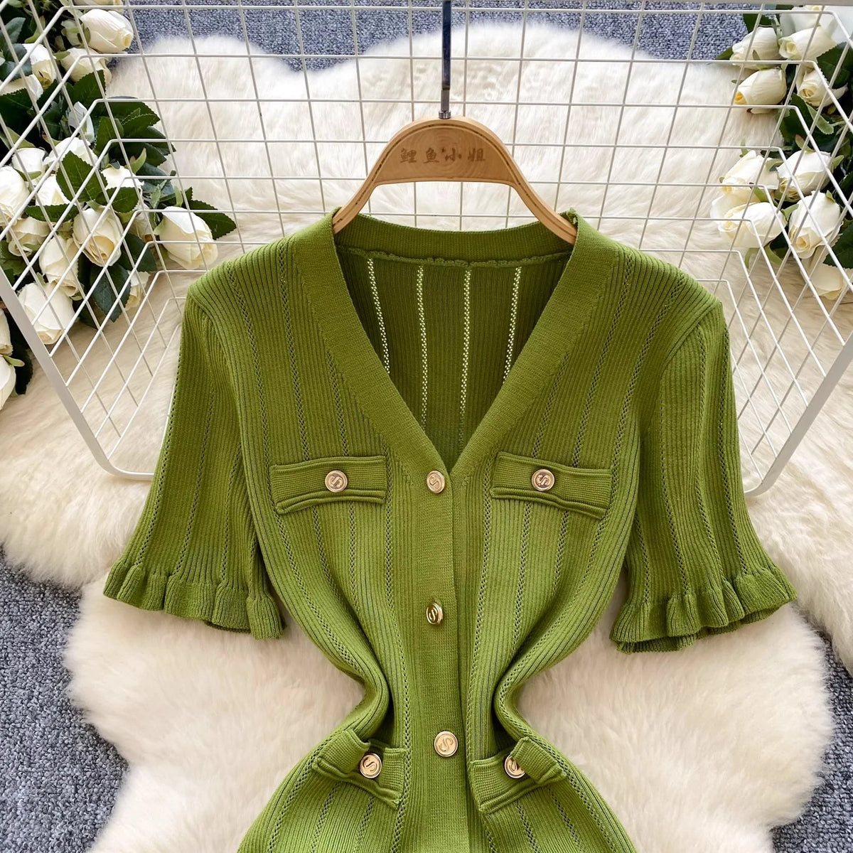 Robe Midi en Maille Boutons Dorés