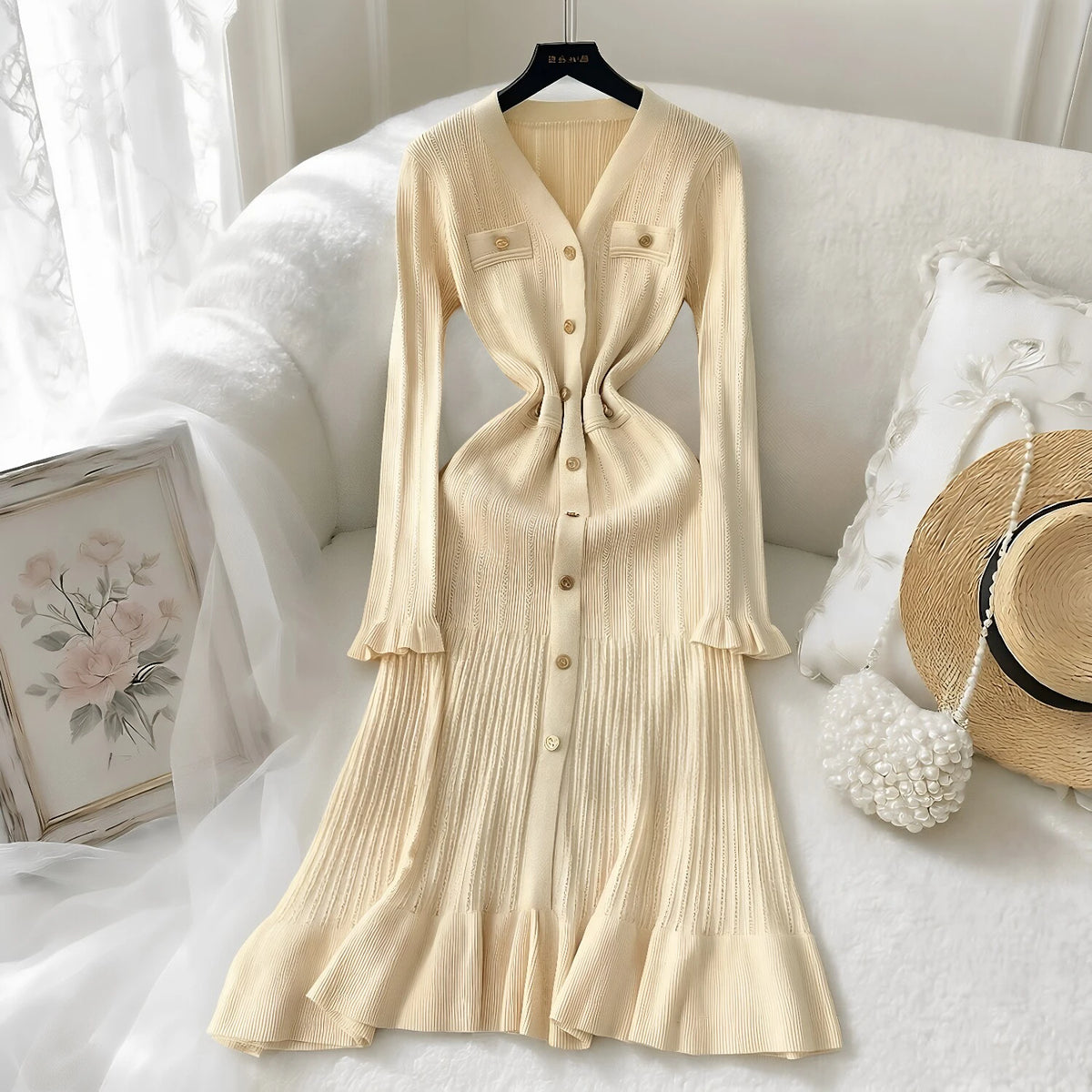 Robe Midi en Maille Boutons Dorés