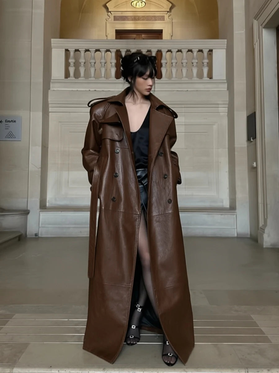 Trench Long Effet Cuir