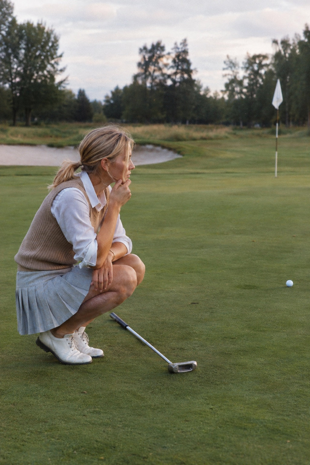 Golfeuse en gilet camel et jupe plissée grise lisant le green