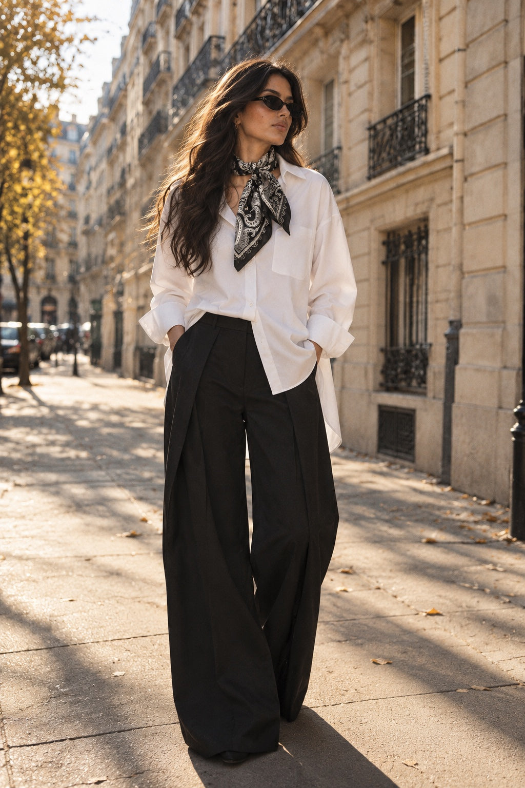 Foulard Carré Satiné — Paisley noir — porté