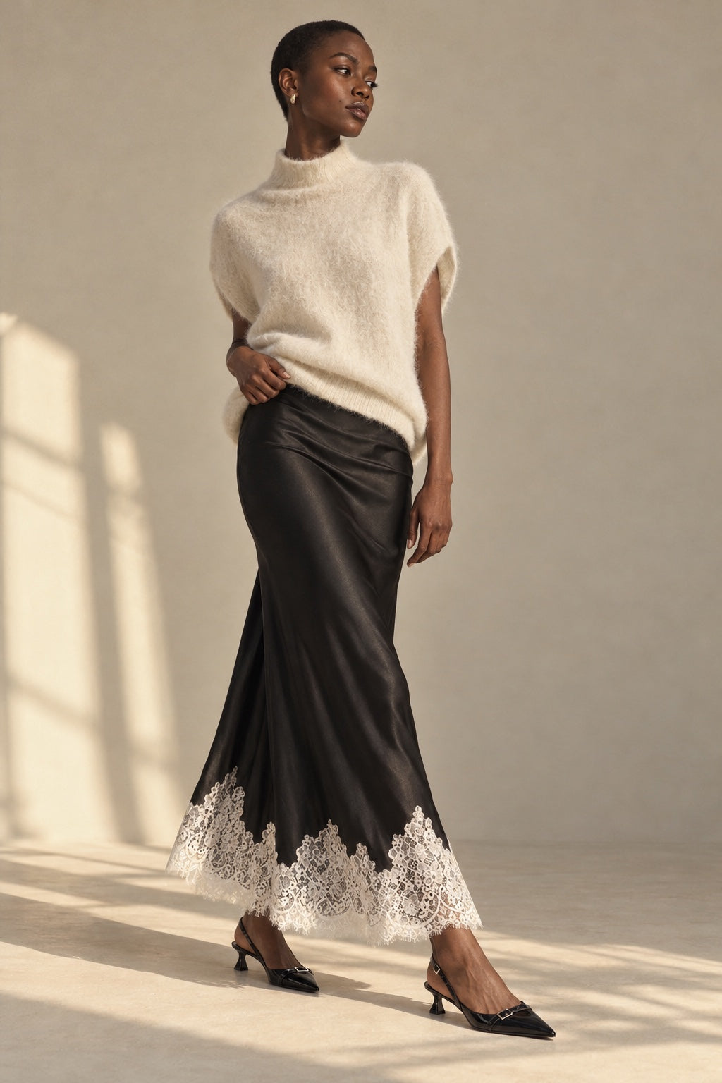 Jupe Sirène Satin et Dentelle — Noir — porté