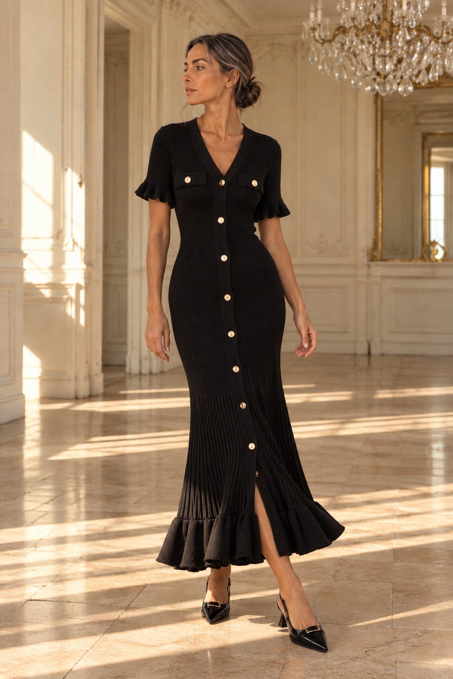 Robe Midi en Maille Boutons Dorés