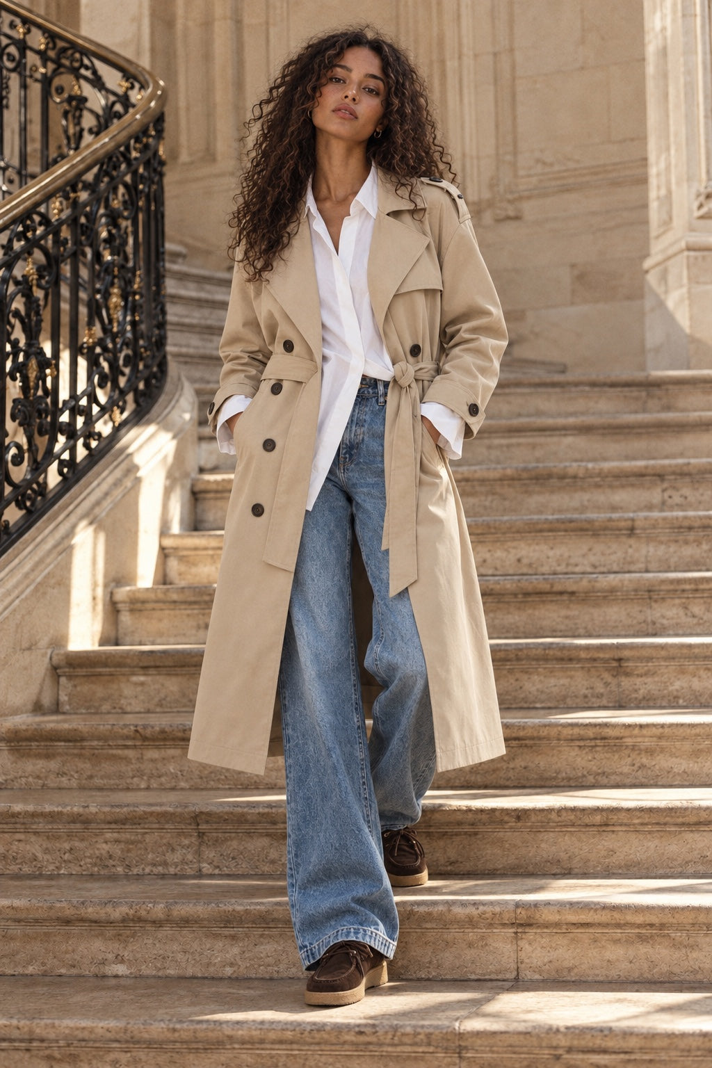 Trench Croisé Ceinturé — Beige — porté