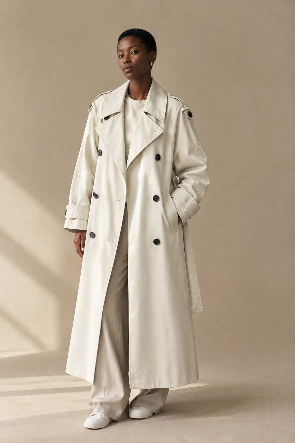 Trench Long Oversize — Écru — porté