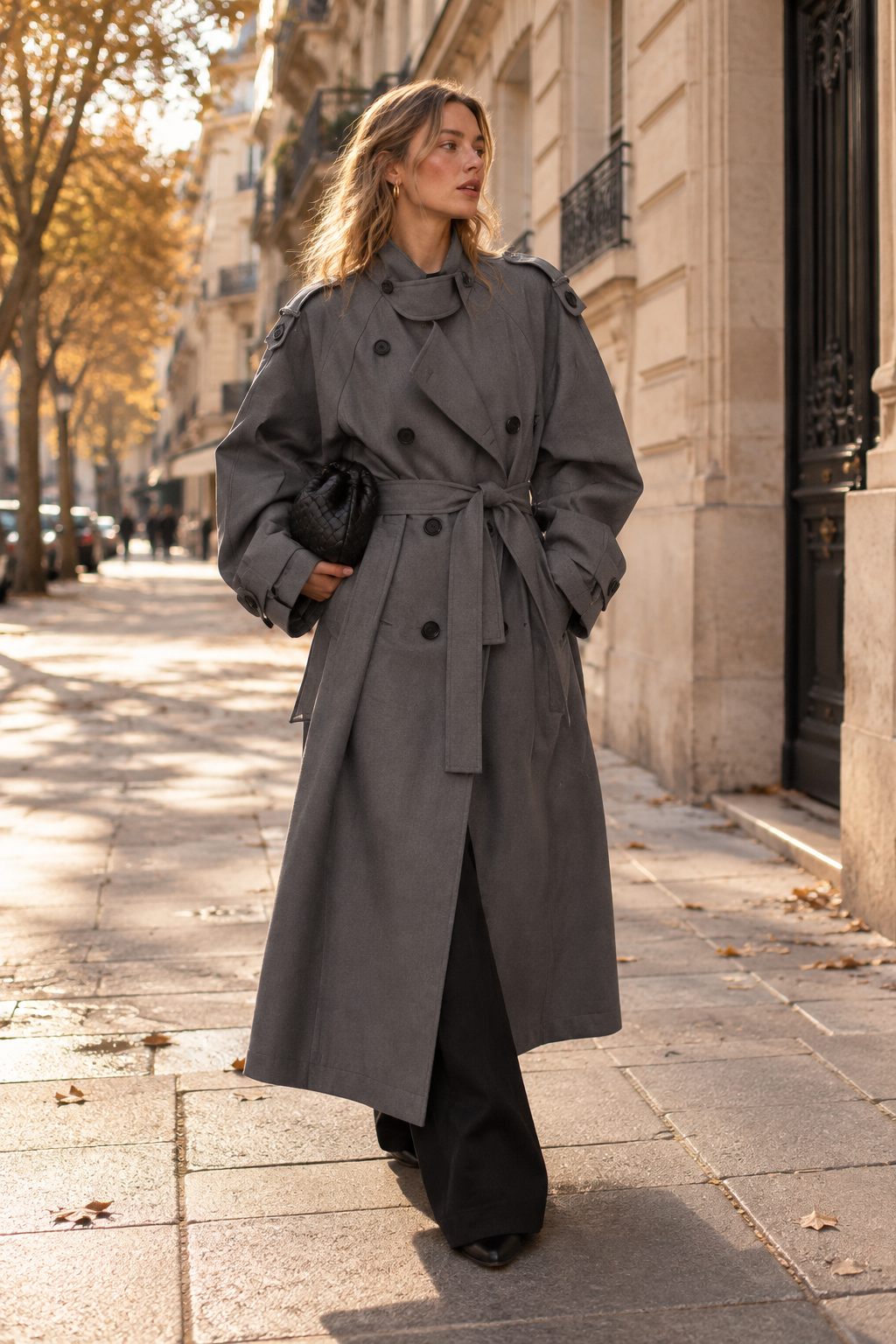 Trench Long Oversize — Gris anthracite — porté