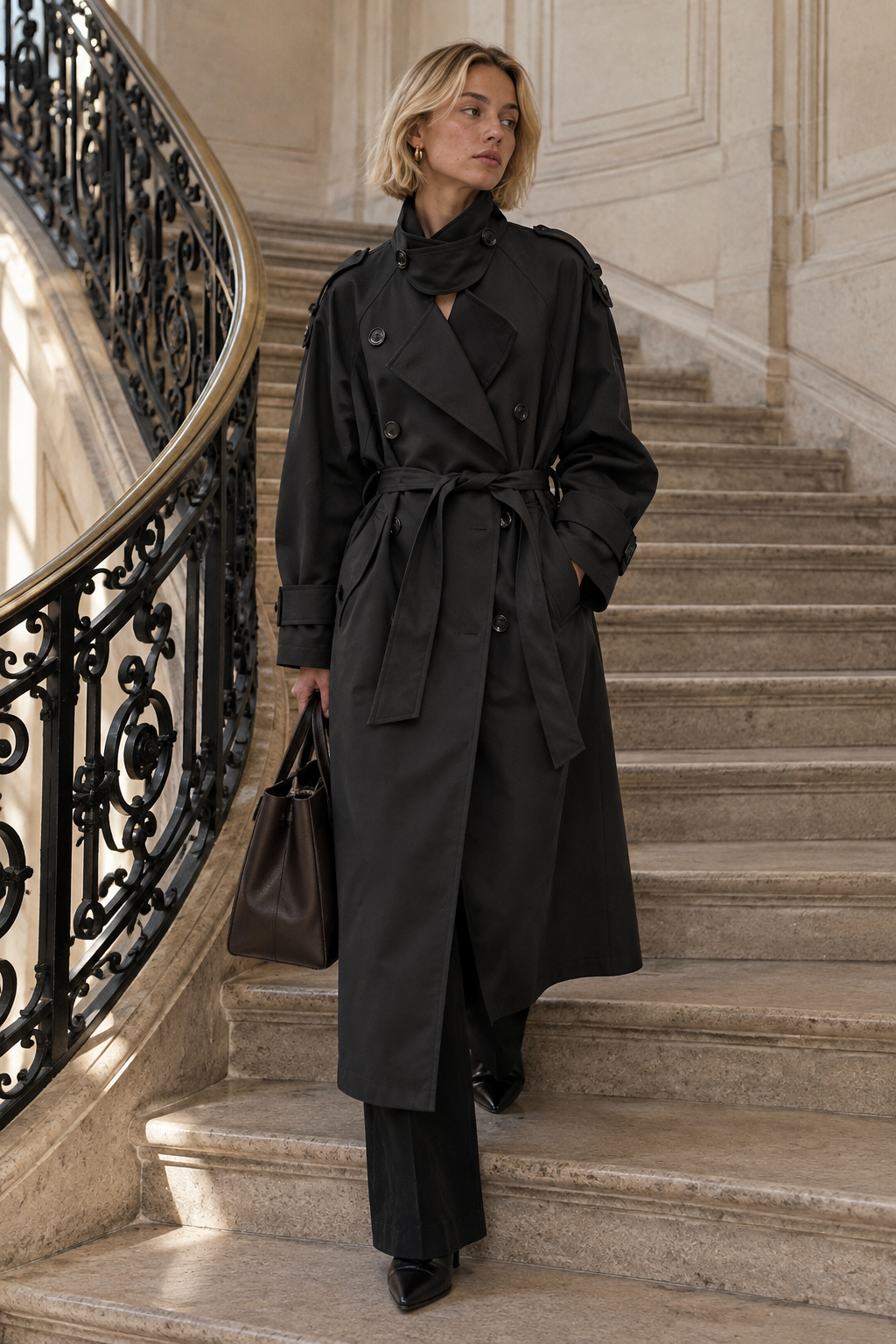 Trench Long Oversize — Noir — porté