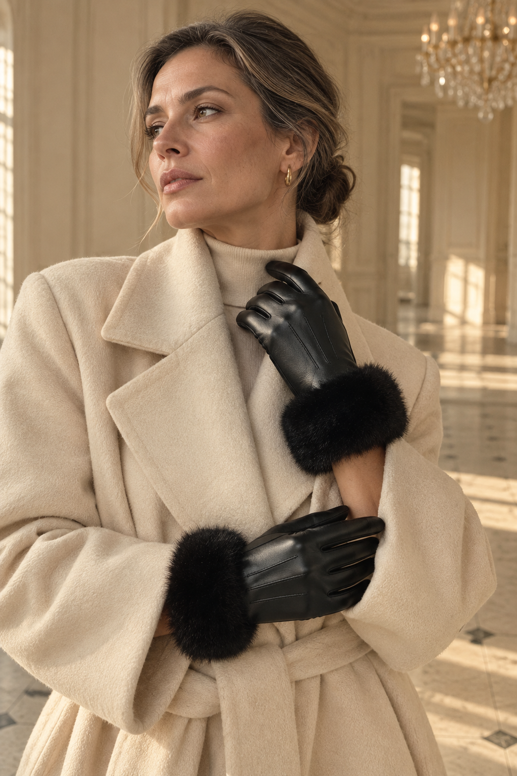 Gants Effet Cuir Bordés — Noir — porté