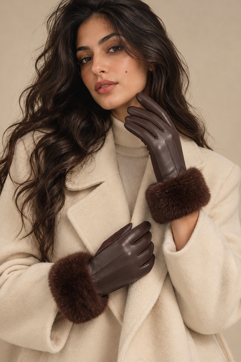 Gants Effet Cuir Bordés — Marron — porté