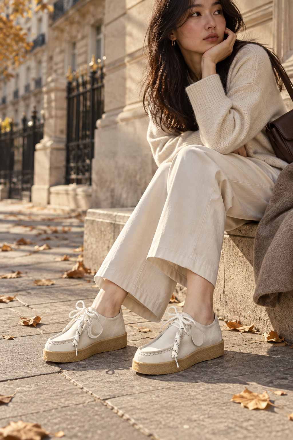 Mocassins à Lacets en Daim — Ivoire — porté