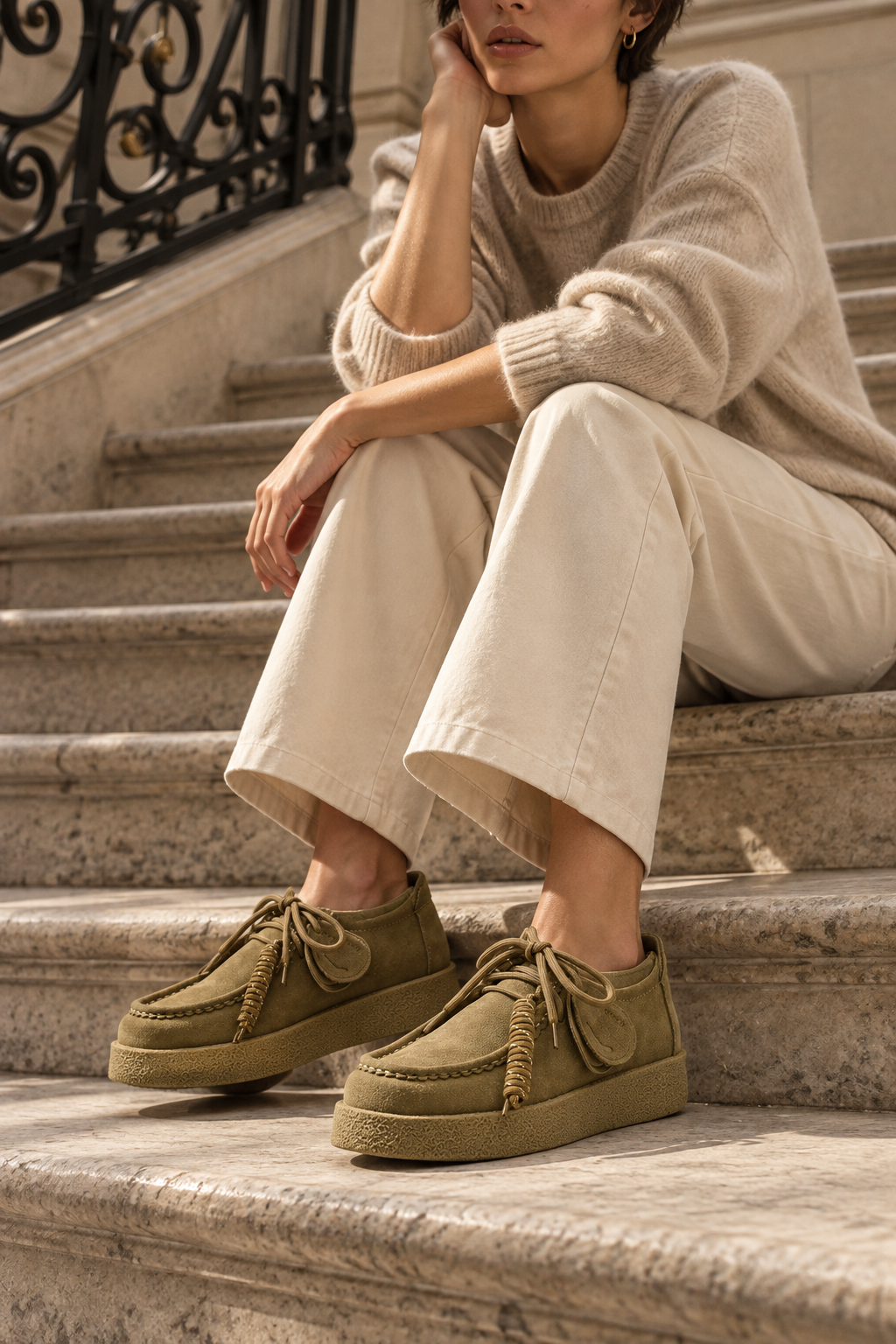 Mocassins à Lacets en Daim — Kaki — porté