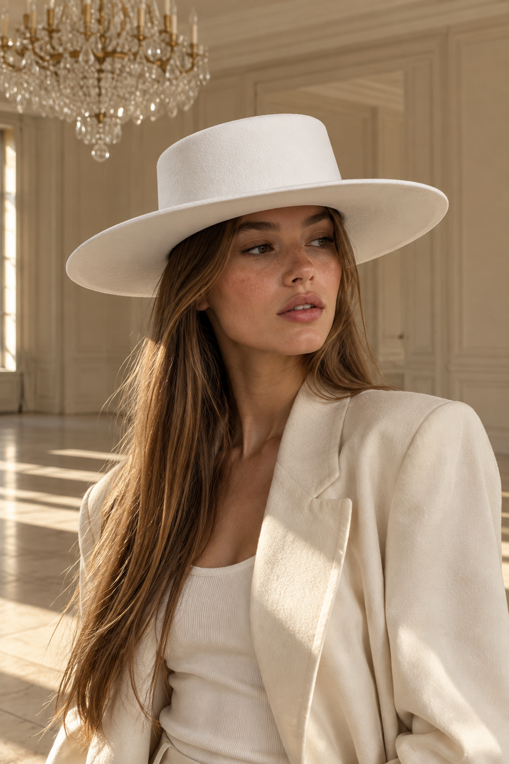Chapeau Large Bord en Feutre — Blanc — porté