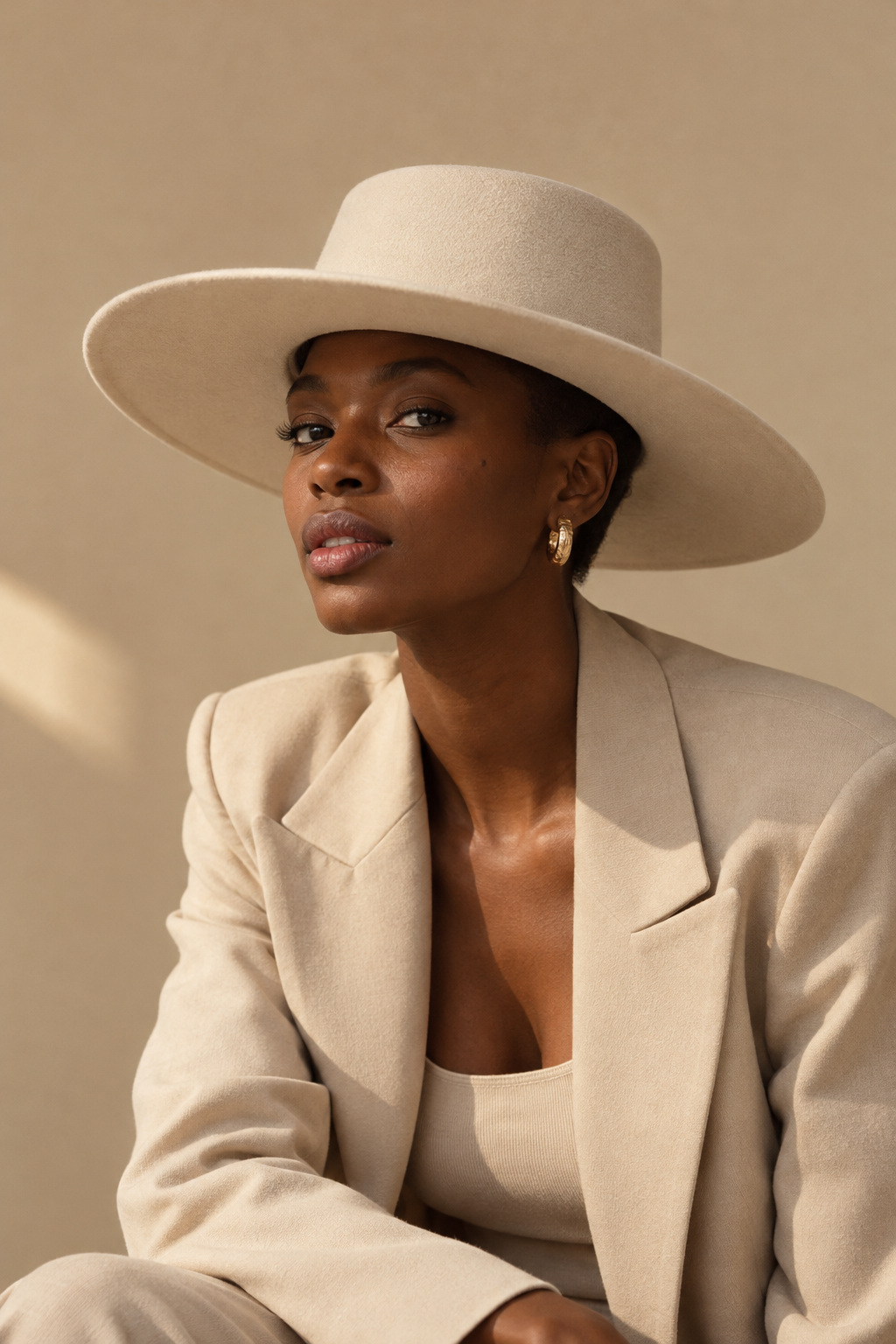 Chapeau Large Bord en Feutre — Beige — porté