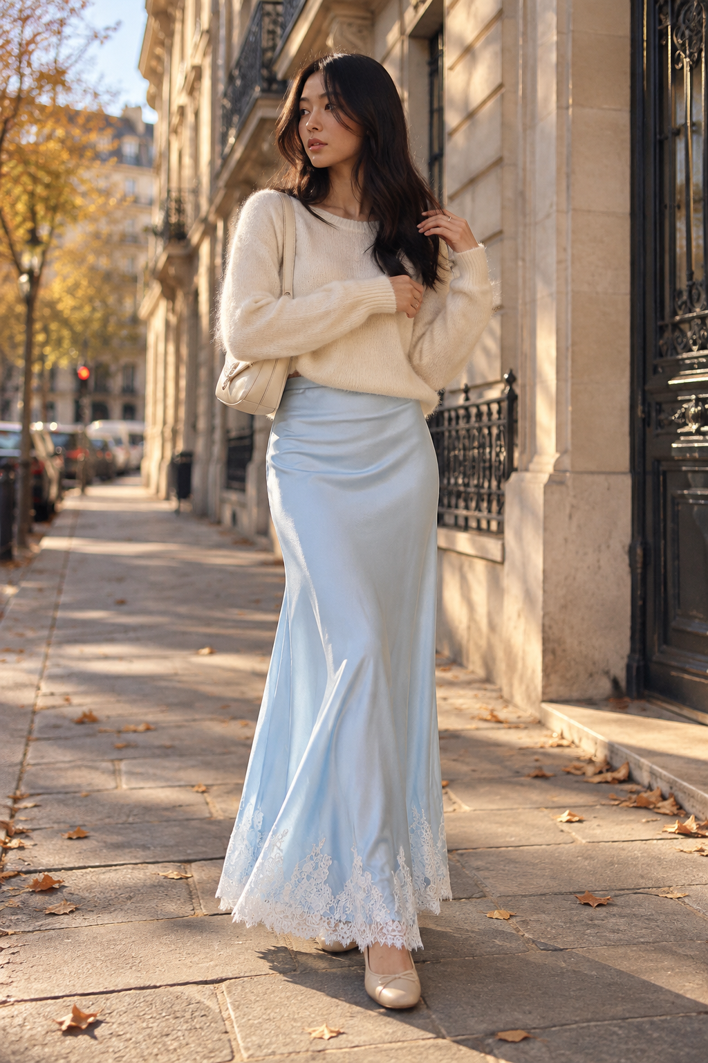 Jupe Sirène Satin et Dentelle — Bleu ciel — porté