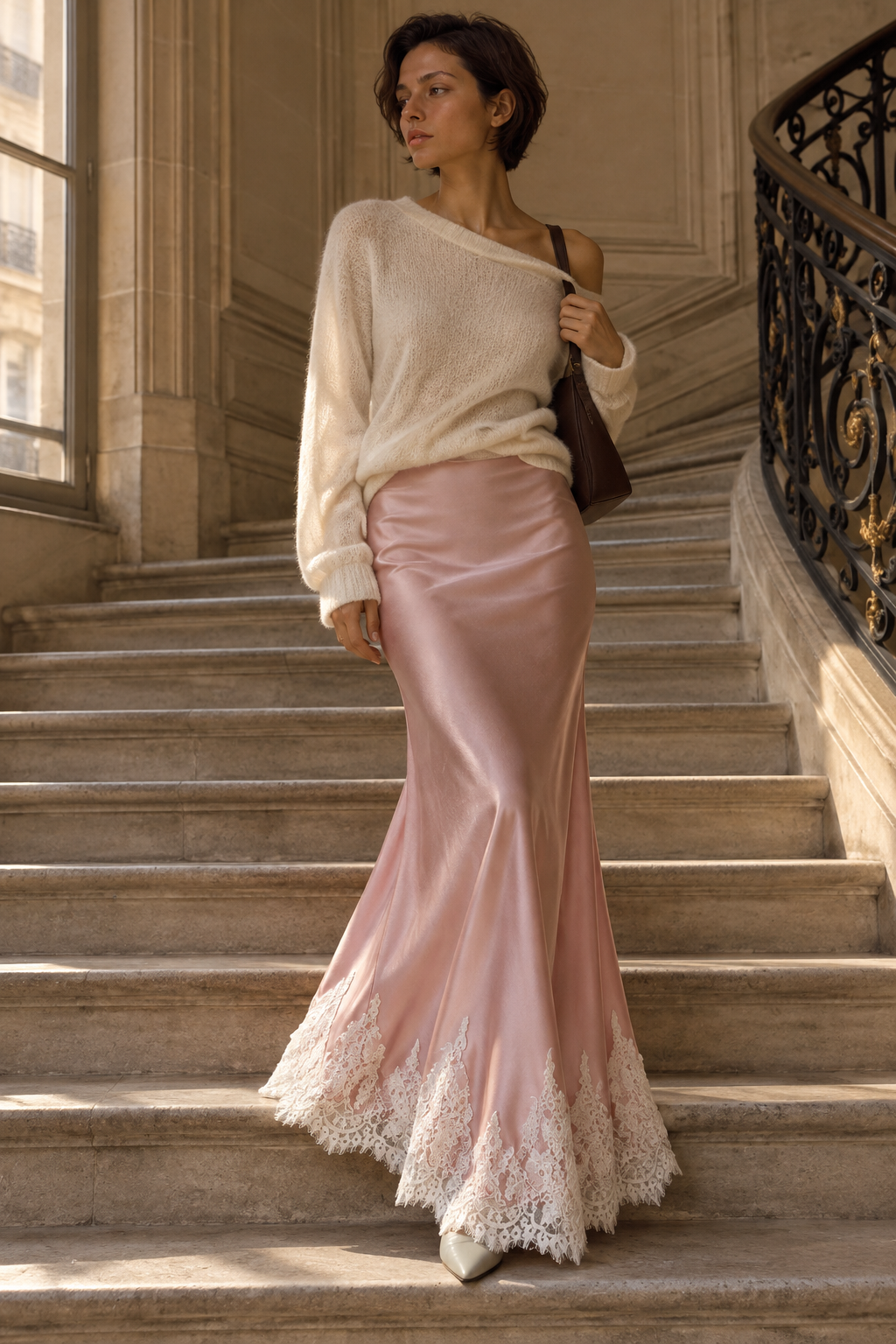 Jupe Sirène Satin et Dentelle — Rose — porté