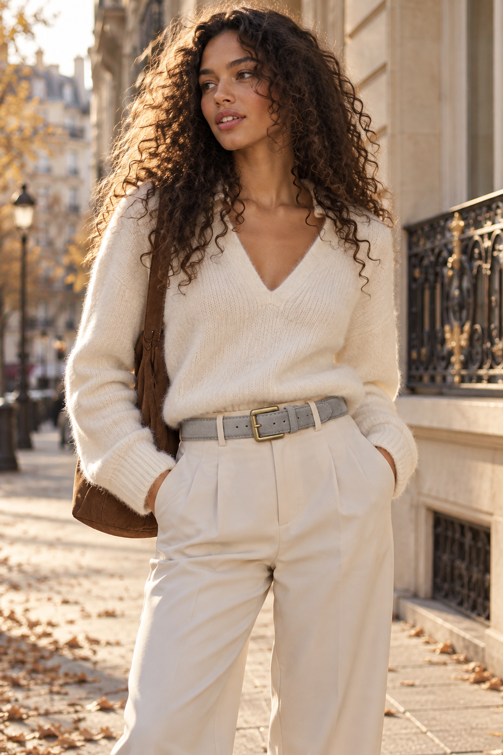Ceinture en Daim Boucle Dorée — Blanc cassé — porté