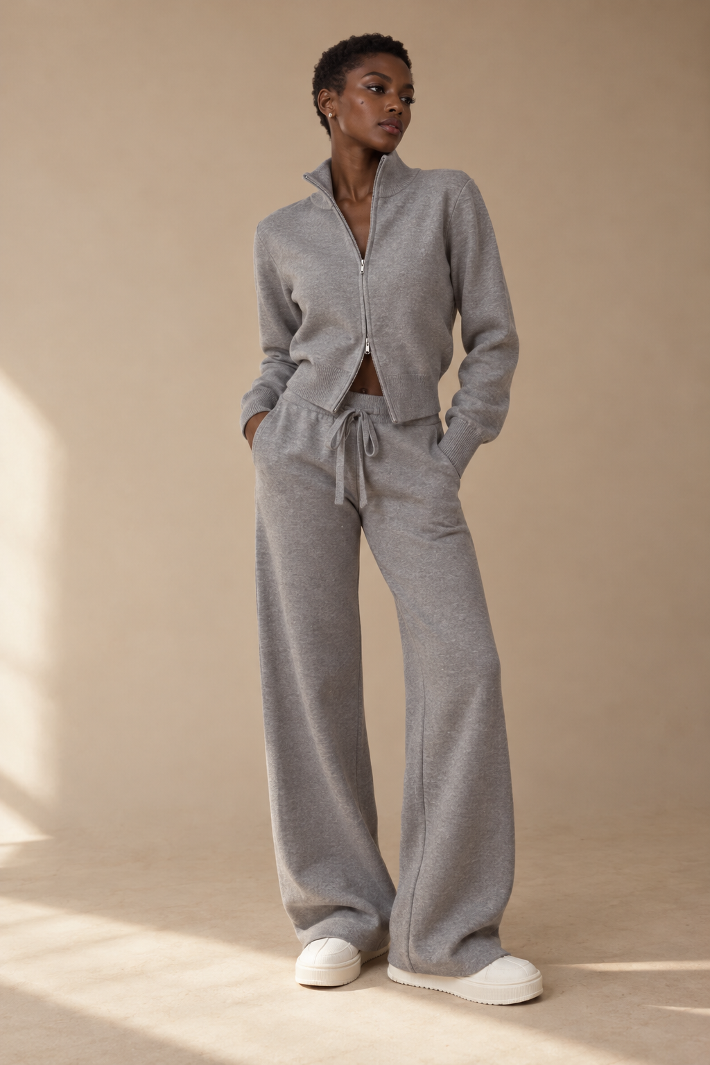 Ensemble Maille Zippé — Gris — porté