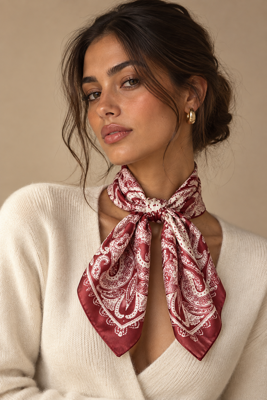 Foulard Carré Satiné — Paisley bordeaux — porté