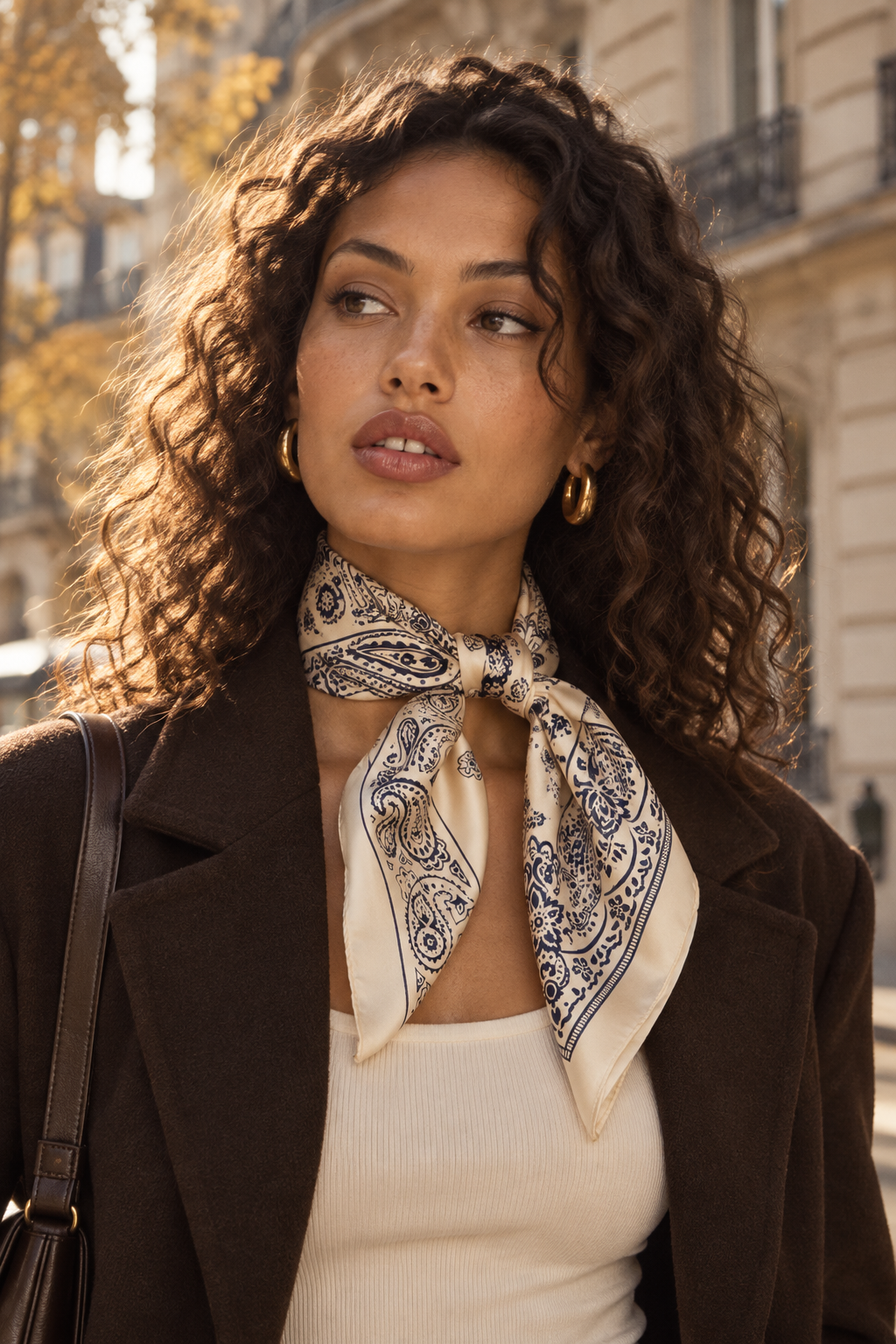 Foulard Carré Satiné — Bandana crème — porté