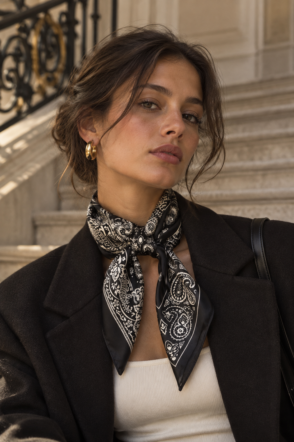 Foulard Carré Satiné — Bandana noir — porté