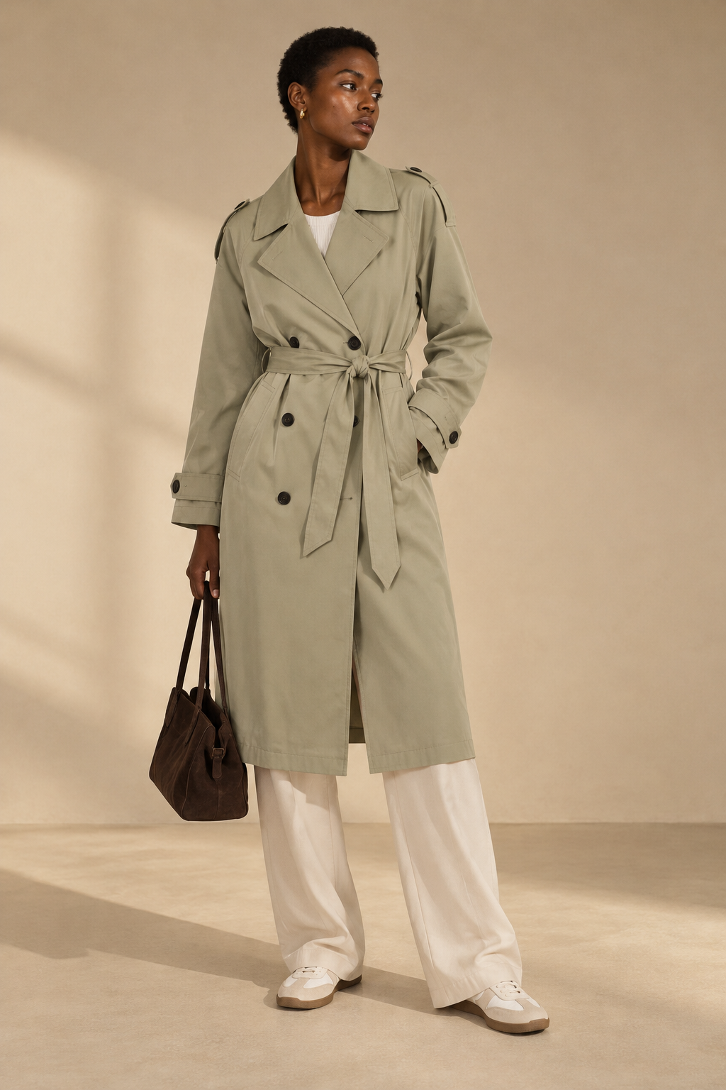 Trench Croisé Ceinturé — Vert kaki — porté