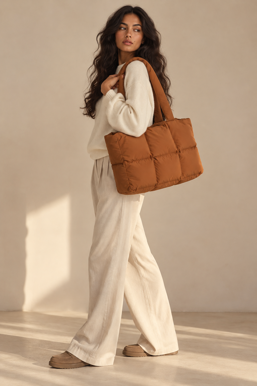 Cabas Matelassé XL — Marron — porté