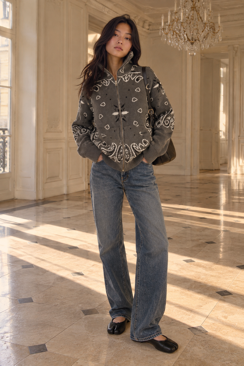 Gilet Zippé Jacquard Col Montant