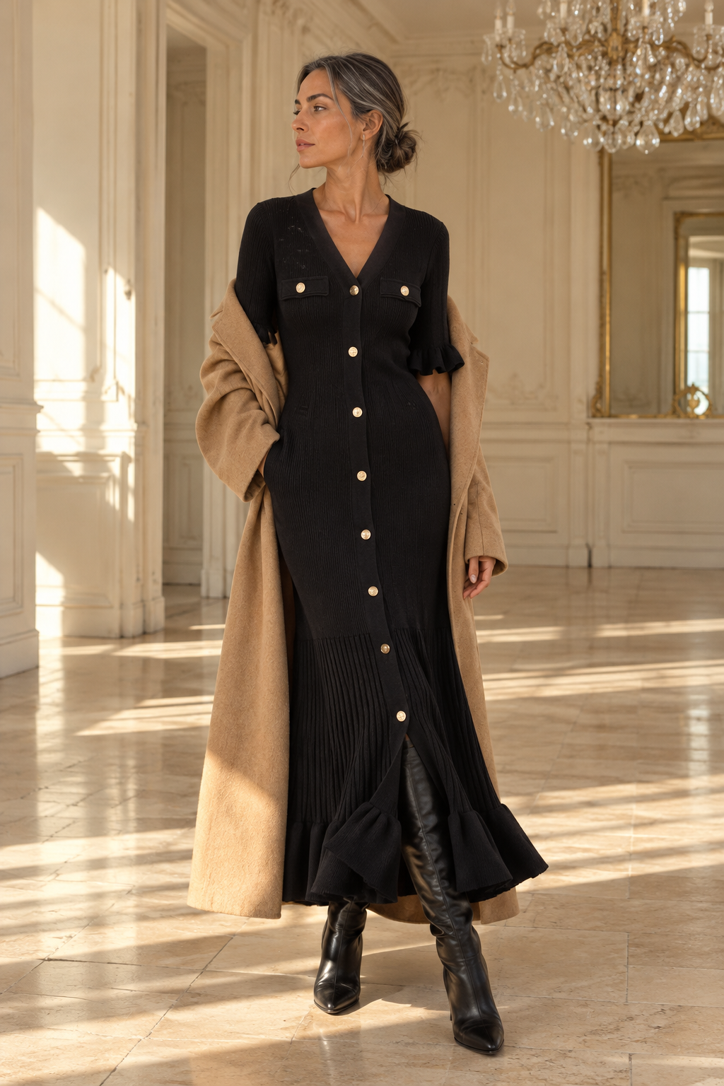 Robe Midi en Maille Boutons Dorés
