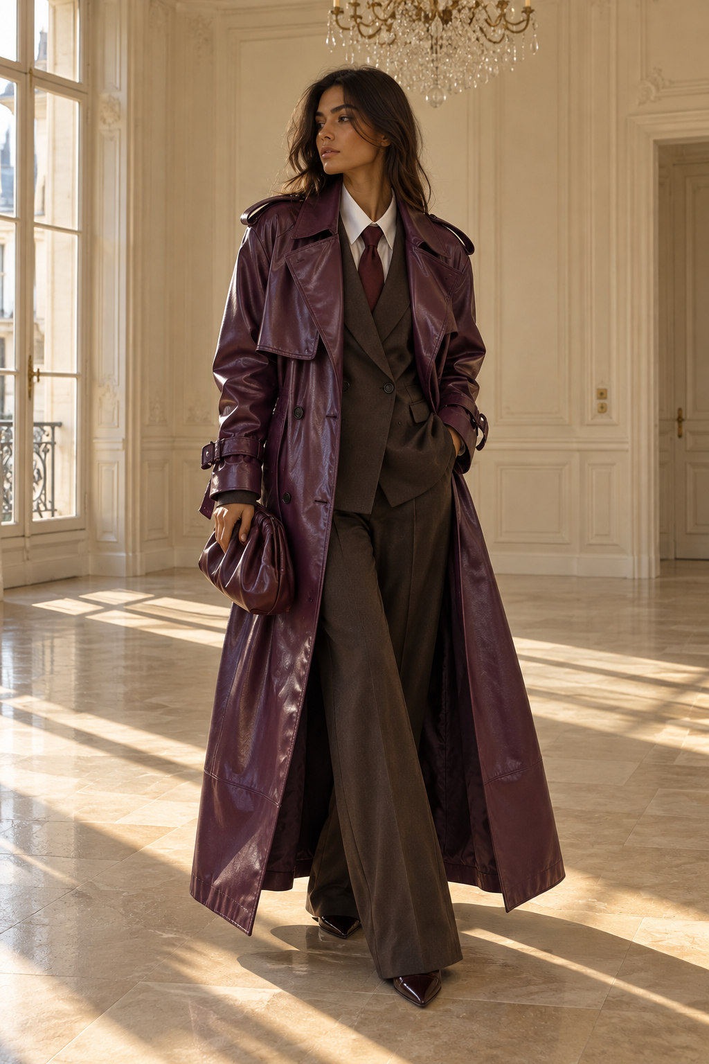 Trench Long Effet Cuir