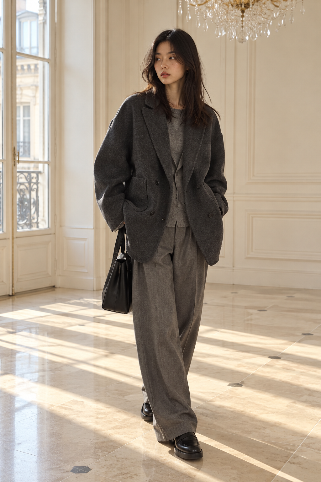 Manteau Long Double Face — Anthracite — porté