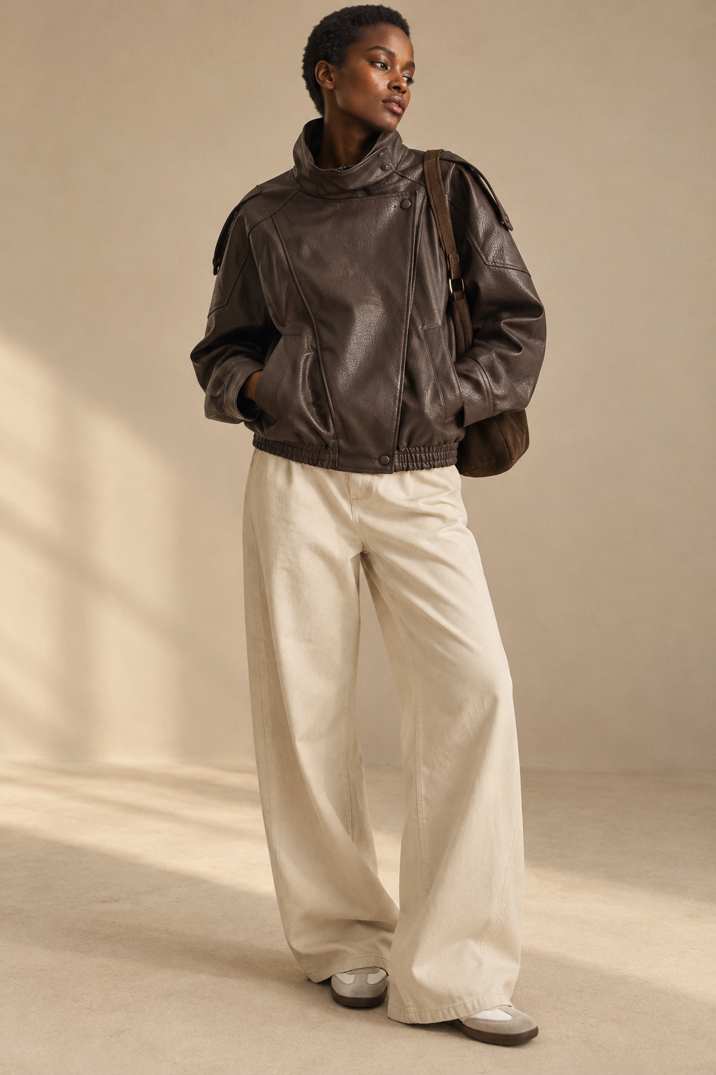 Blouson Aviateur Effet Cuir — Chocolat — porté