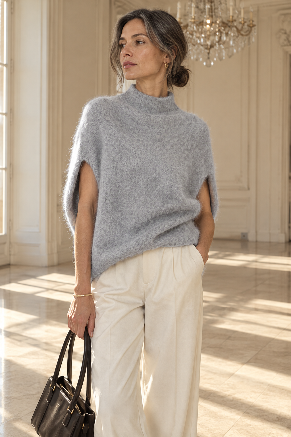 Pull Sans Manches Col Roulé — Gris — porté