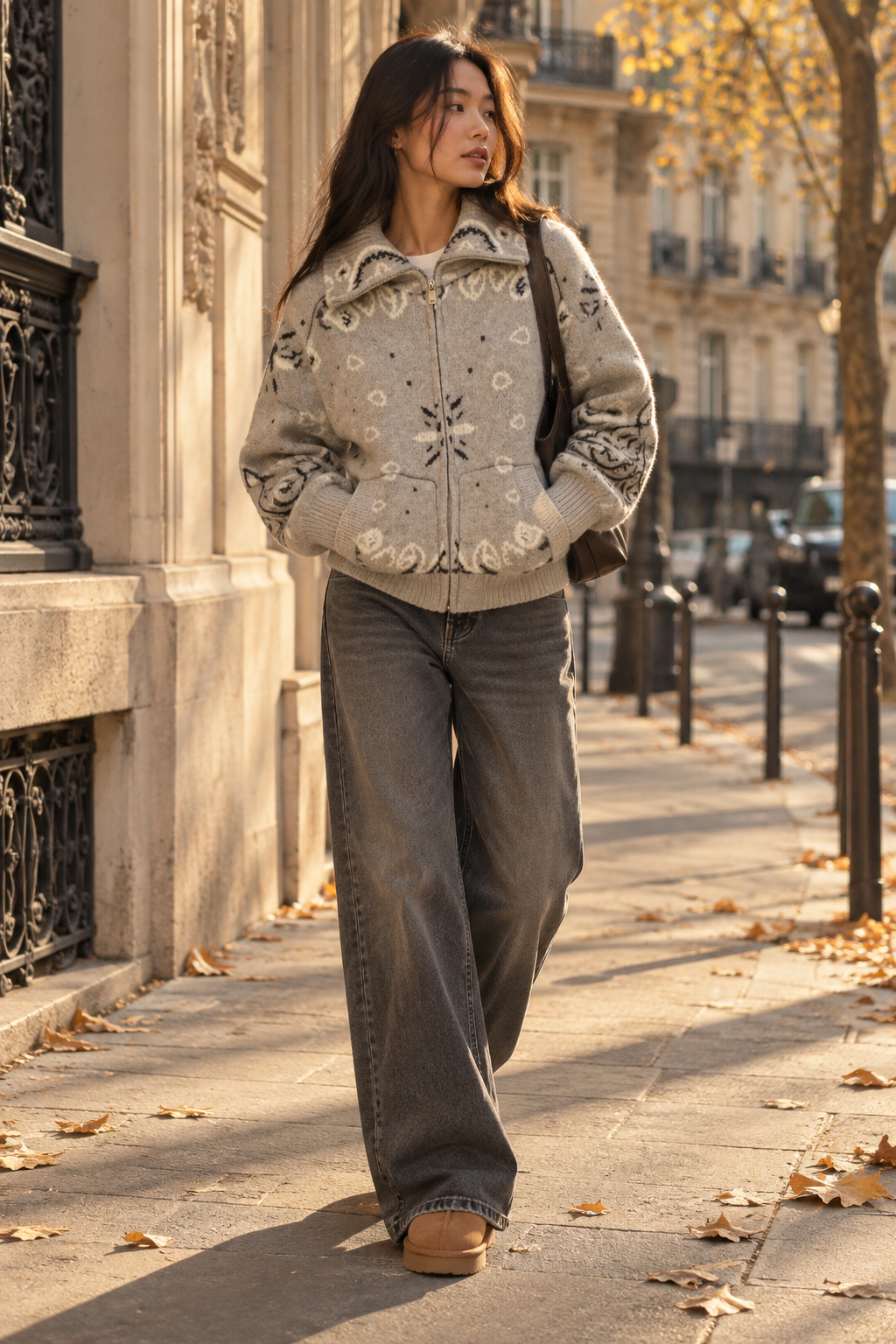 Gilet Zippé Jacquard Col Montant — Gris clair — porté