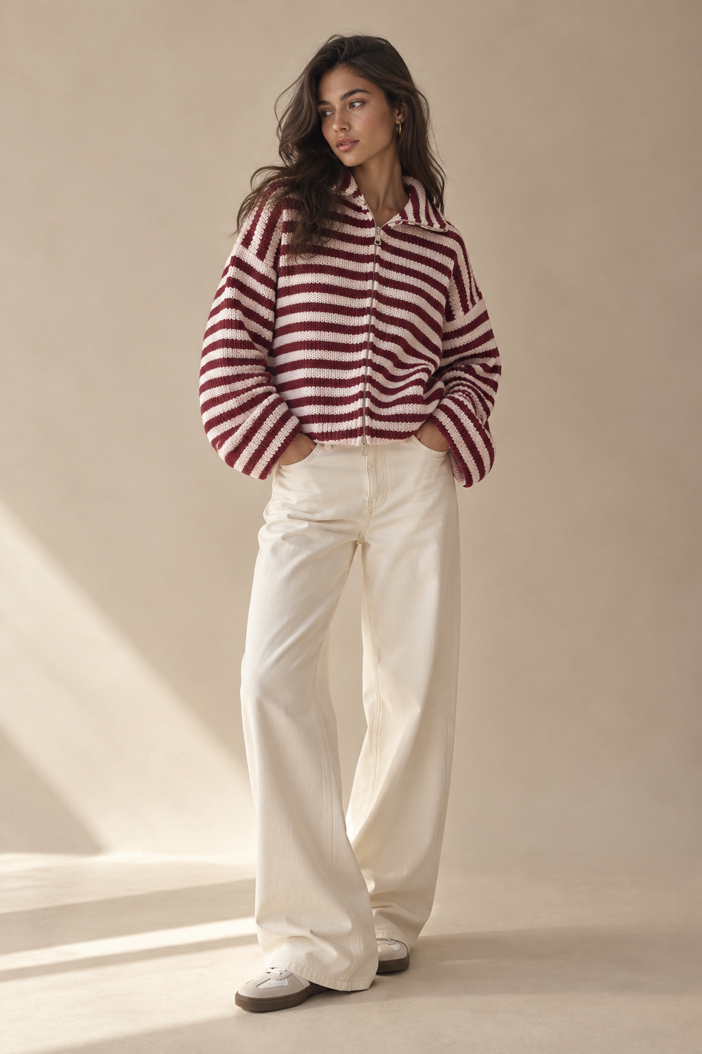 Gilet Zippé Rayé — Rouge — porté