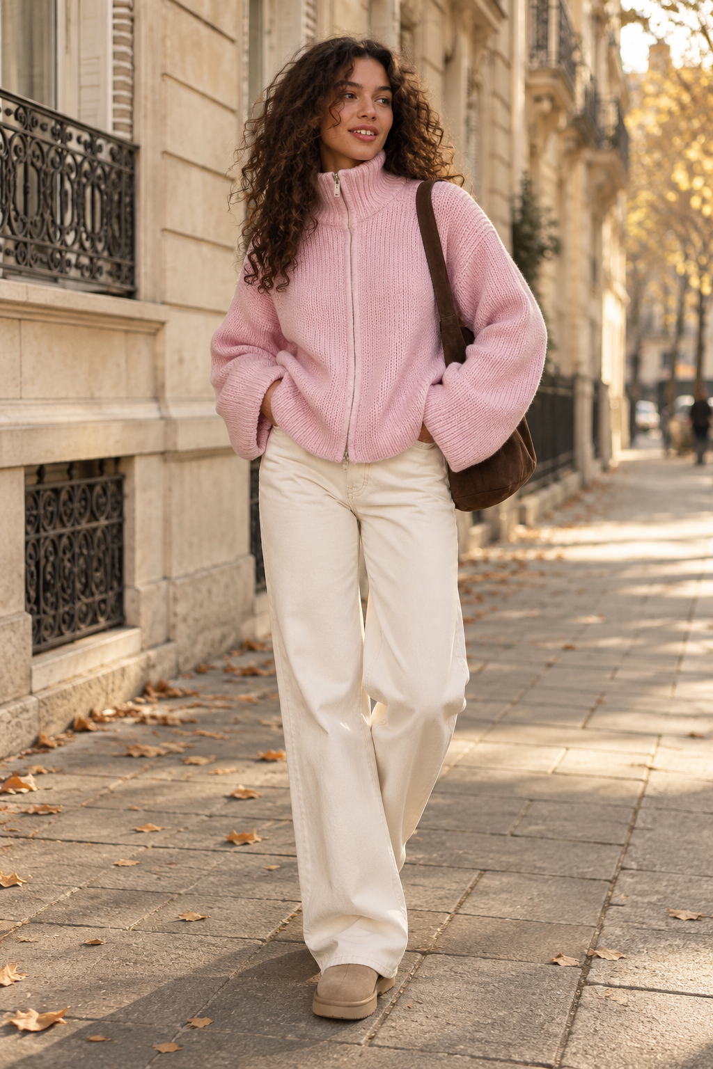 Gilet Zippé Rayé — Rose — porté