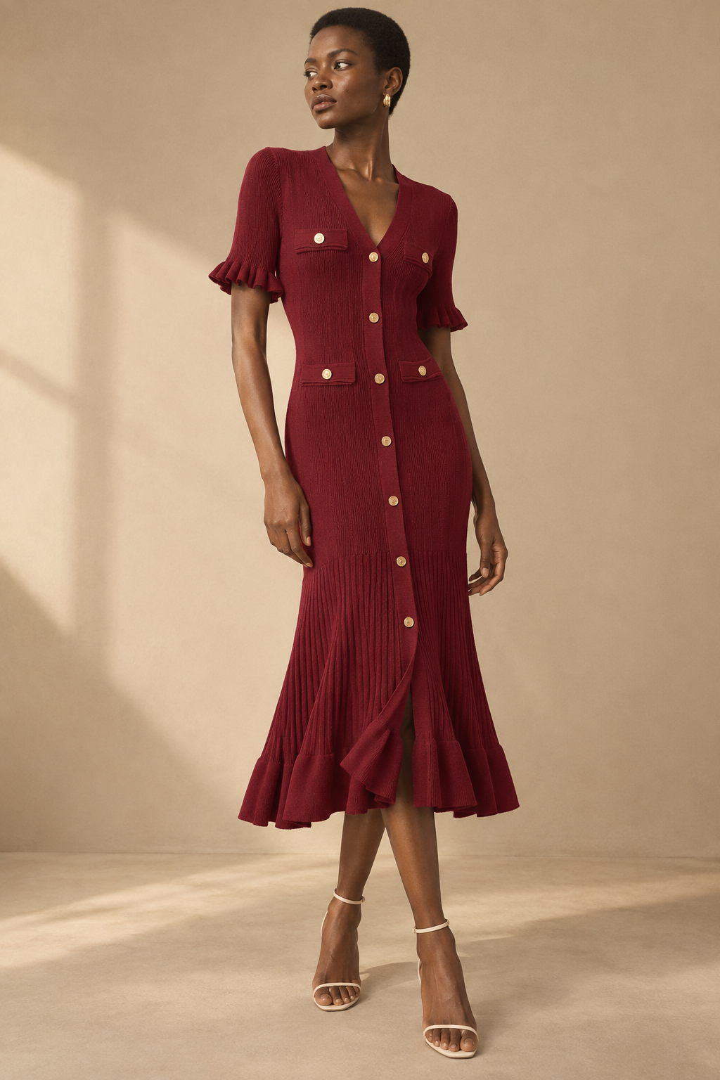 Robe Midi en Maille Boutons Dorés — Bordeaux — porté