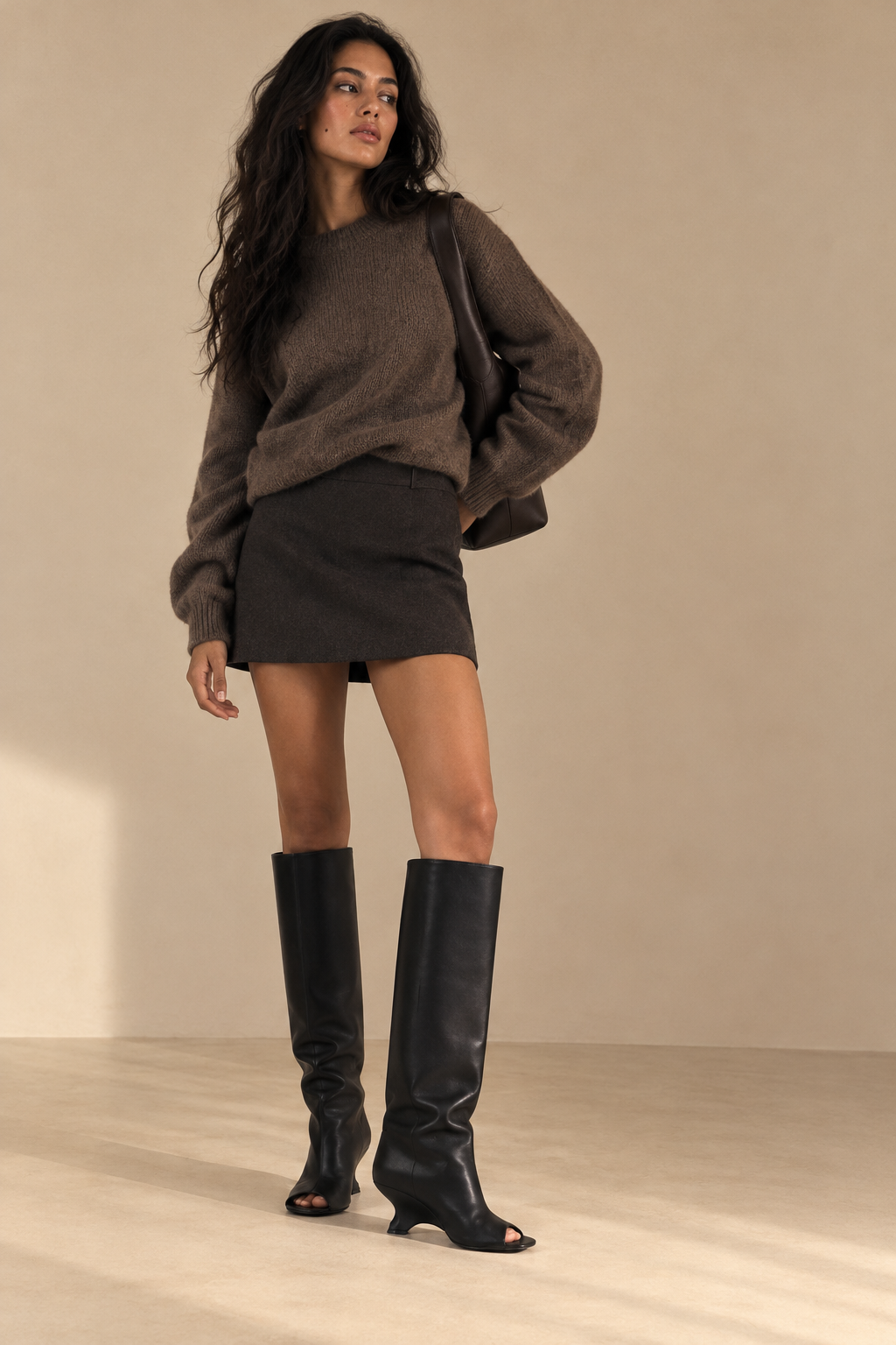 Bottes Hautes Talon Biseauté — Noir — porté