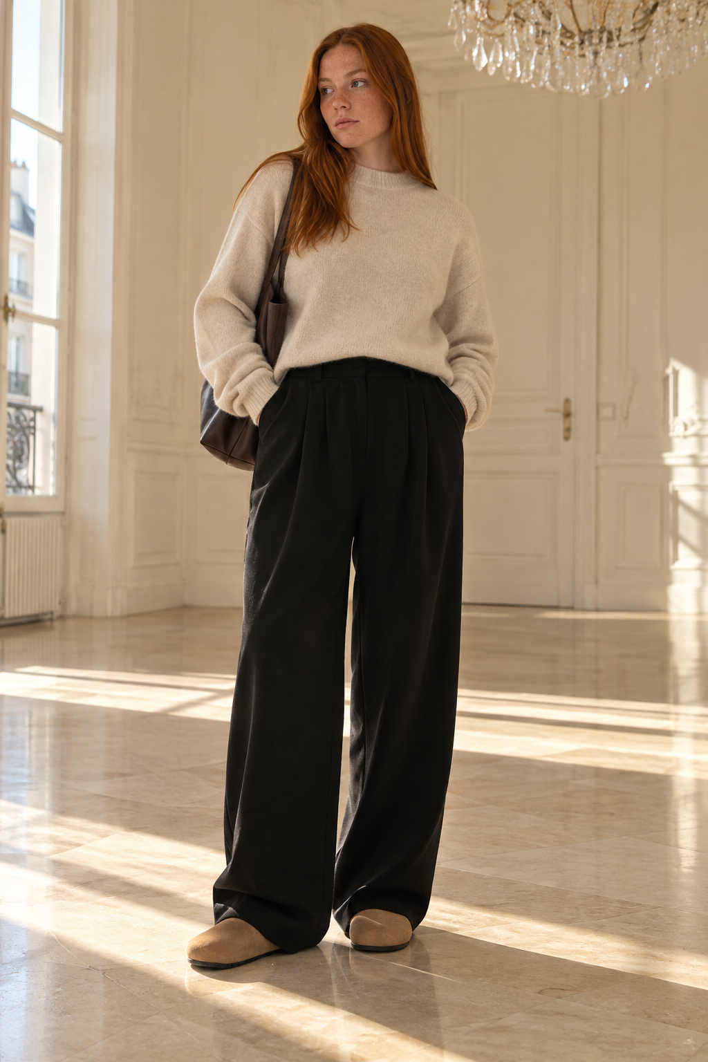 Pantalon Large Plissé Taille Haute — Noir — porté