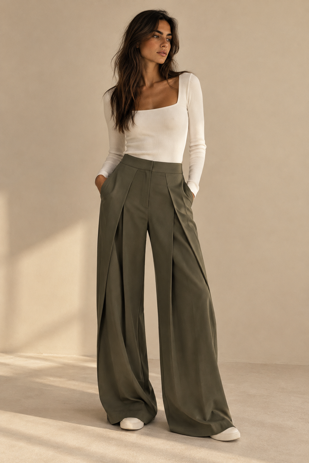 Pantalon de Tailleur Large — Vert kaki — porté