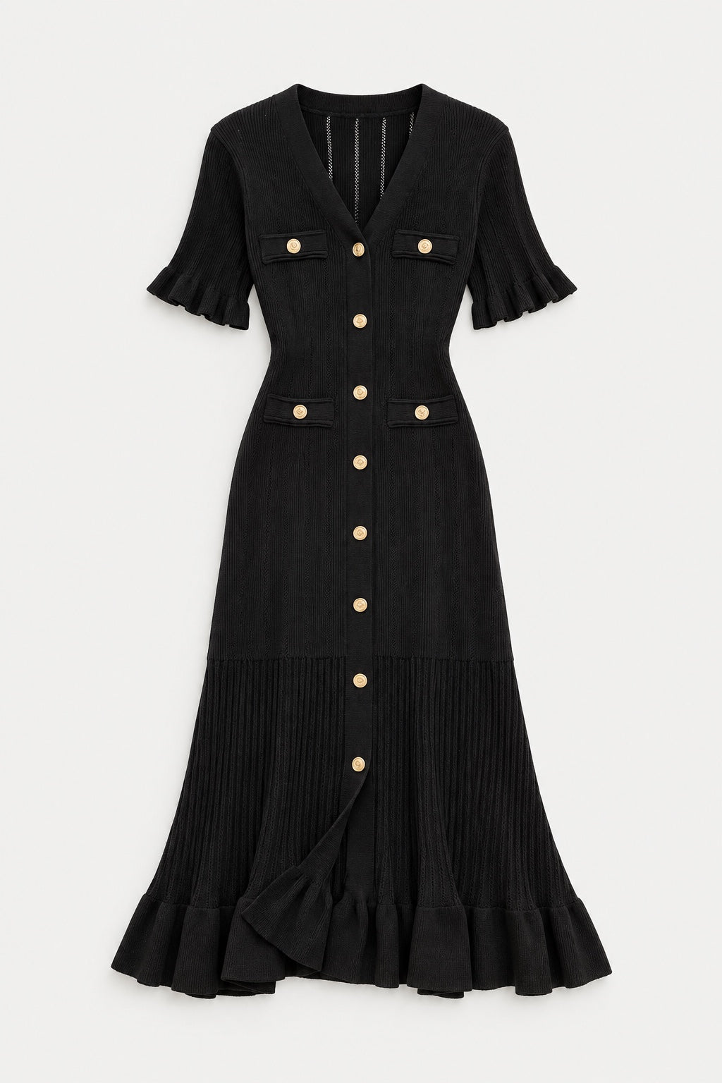 Robe Midi en Maille Boutons Dorés — Noir — produit