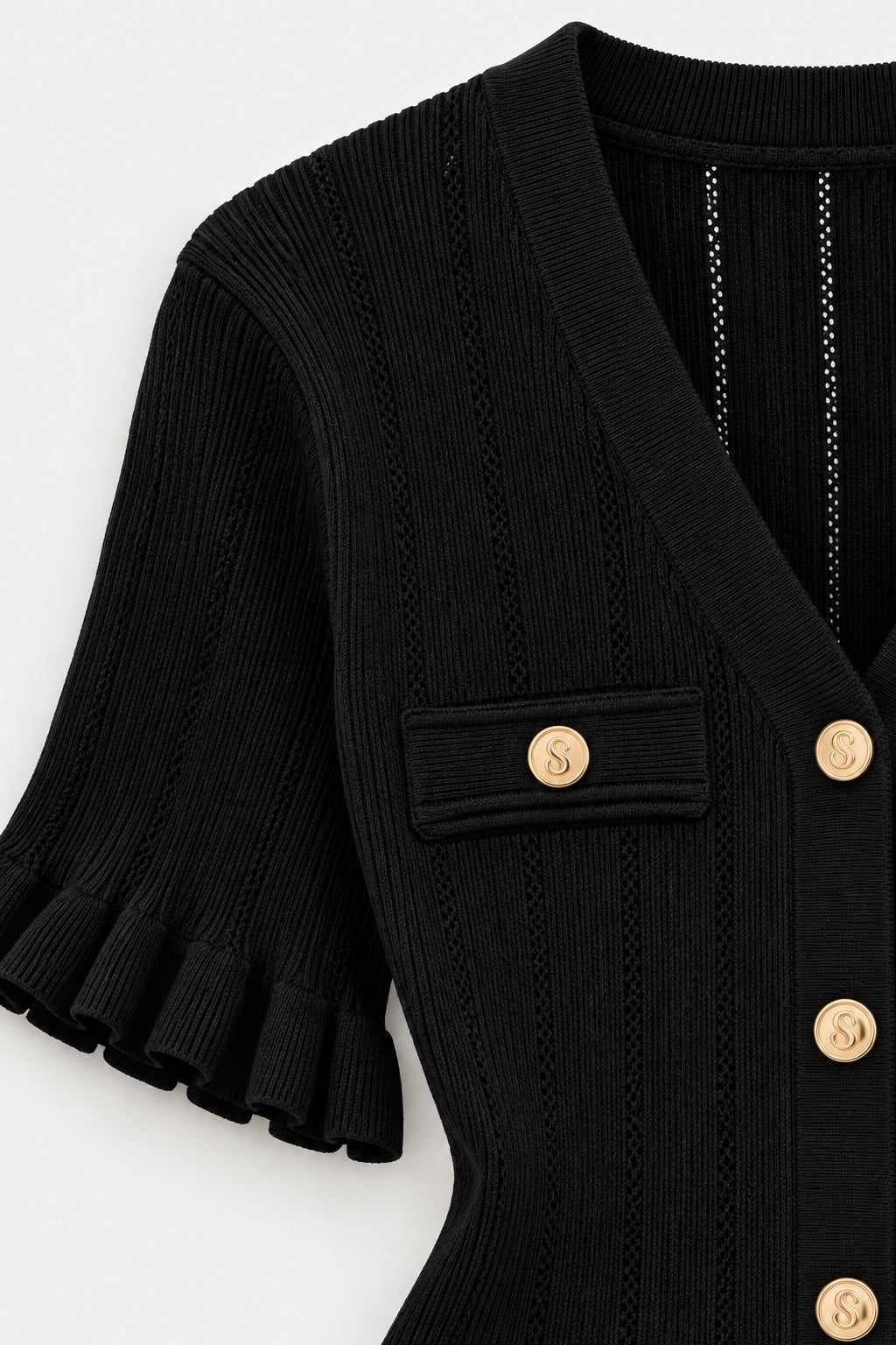 Robe Midi en Maille Boutons Dorés — Noir — détail