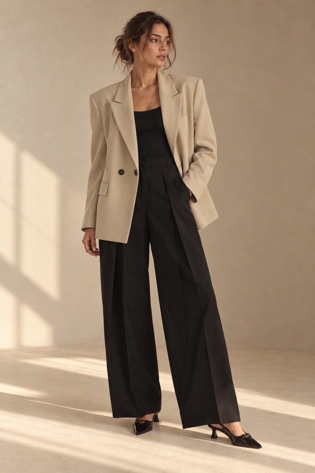 Blazer Croisé Oversize — Beige — porté