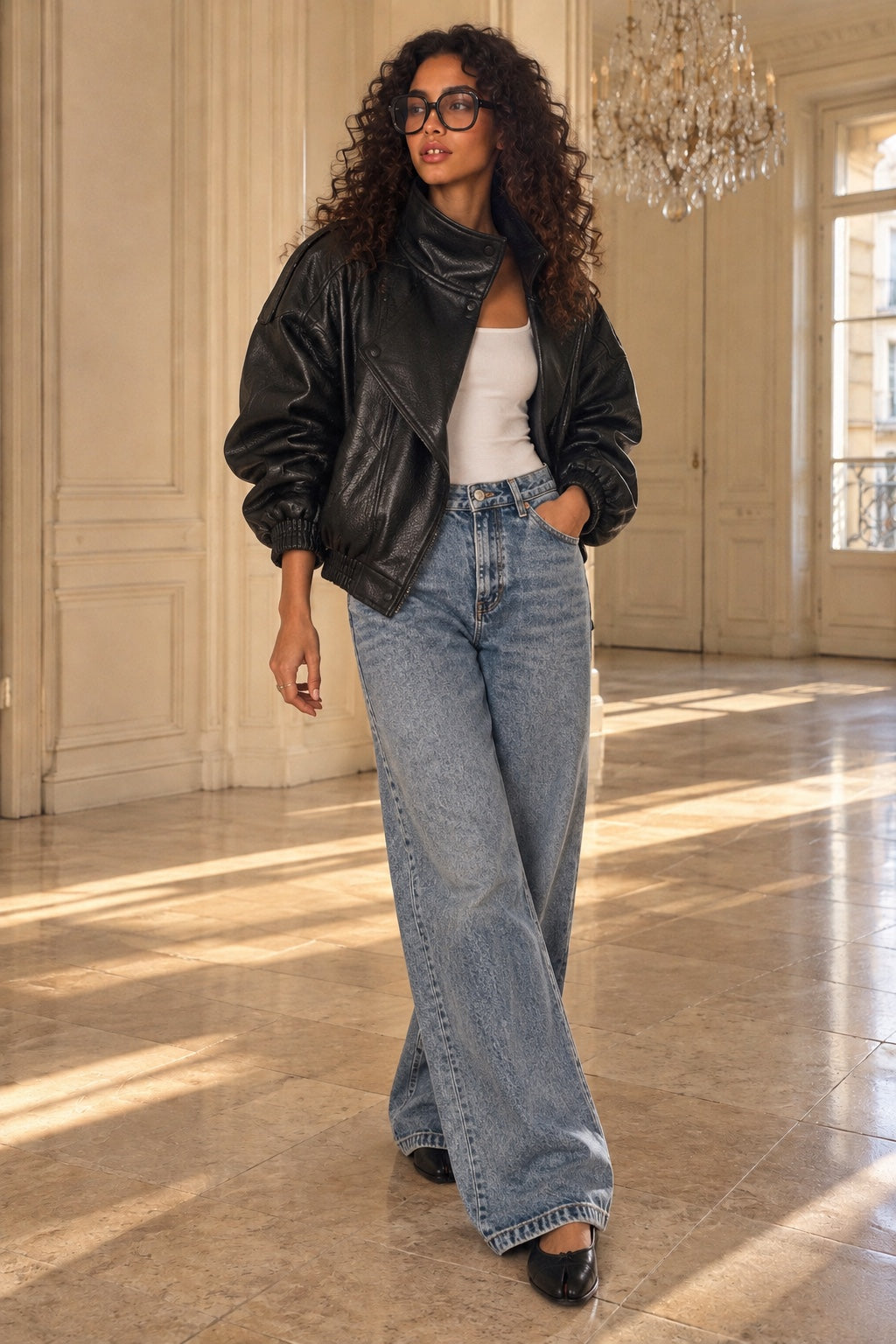 Blouson Aviateur Effet Cuir — Noir — porté