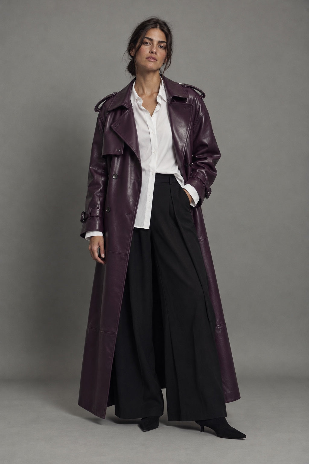 Trench Long Effet Cuir — Prune — porté