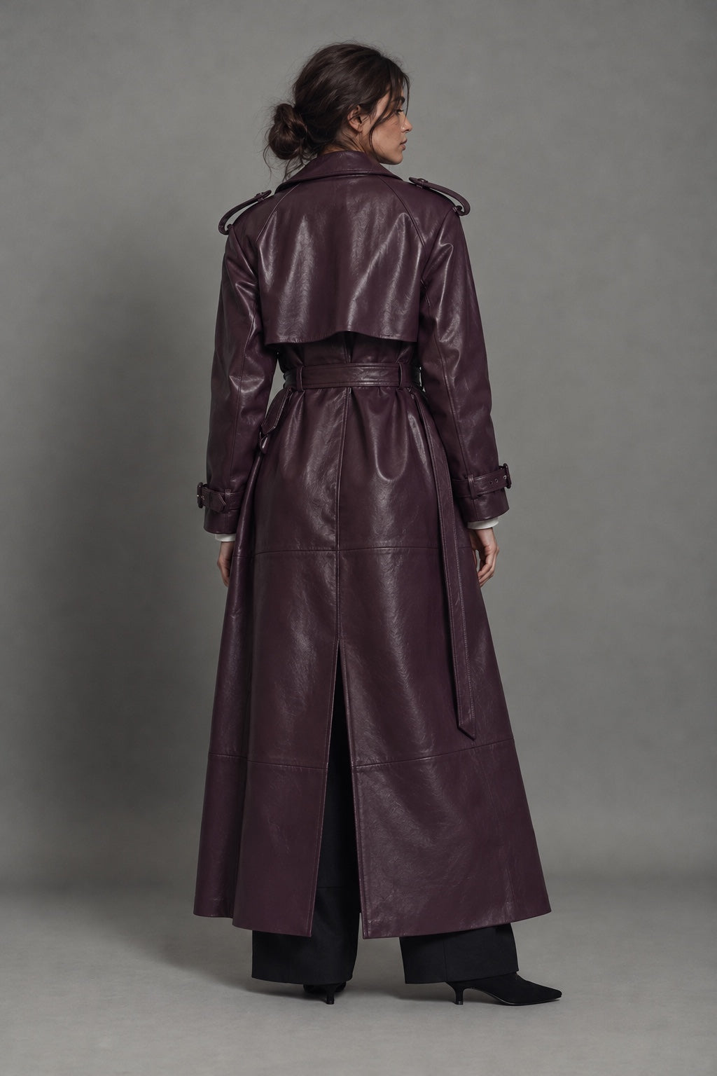 Trench Long Effet Cuir — Prune — dos