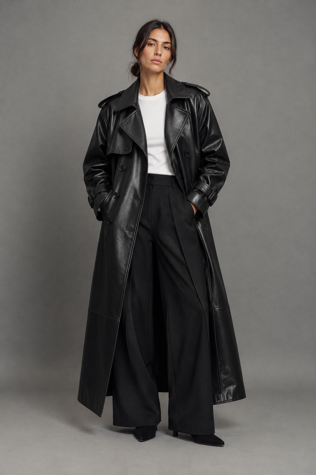 Trench Long Effet Cuir — Noir — porté