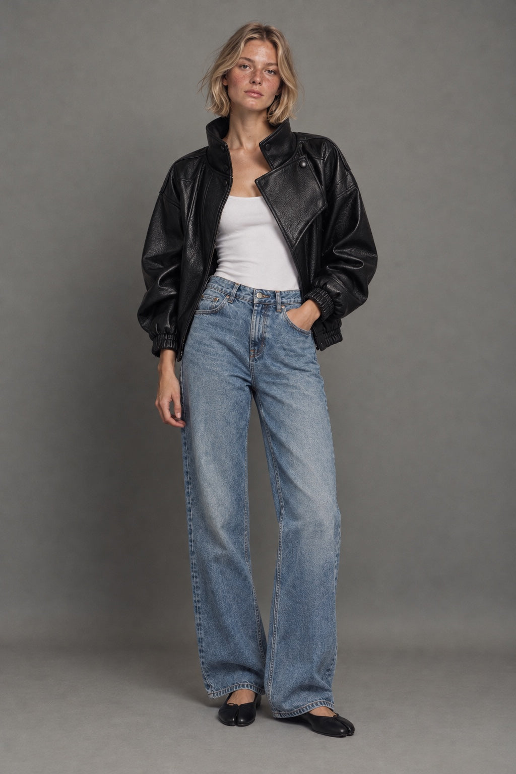 Blouson Aviateur Effet Cuir — Noir — porté · shoot